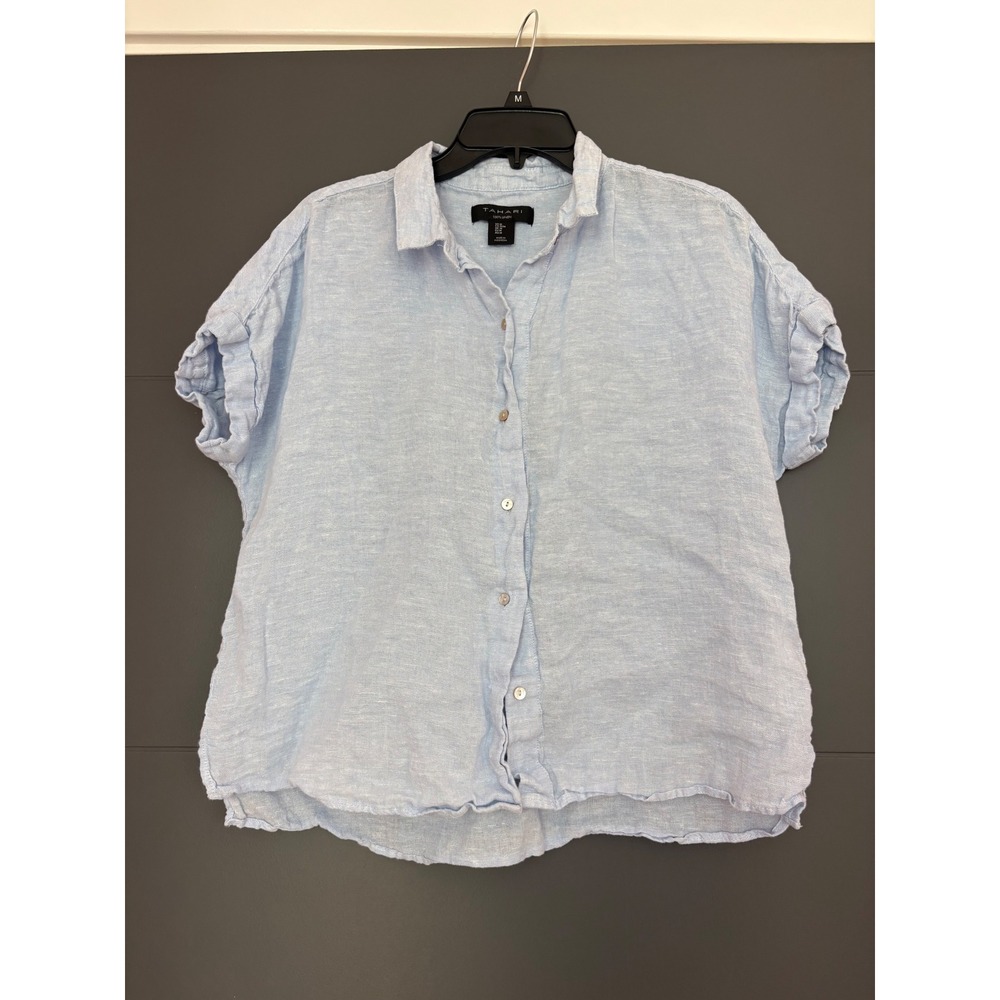 Tahari Womens Light Blue 100% Linen Short Sleeve Button Down Shirt Size M